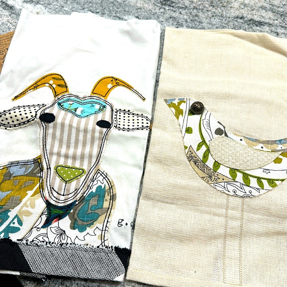 Glory Haus Tea Towels, Set of 2, Goat and Bird, NWT